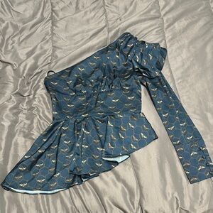 Bebe Blue and Gold One-Shoulder Blouse